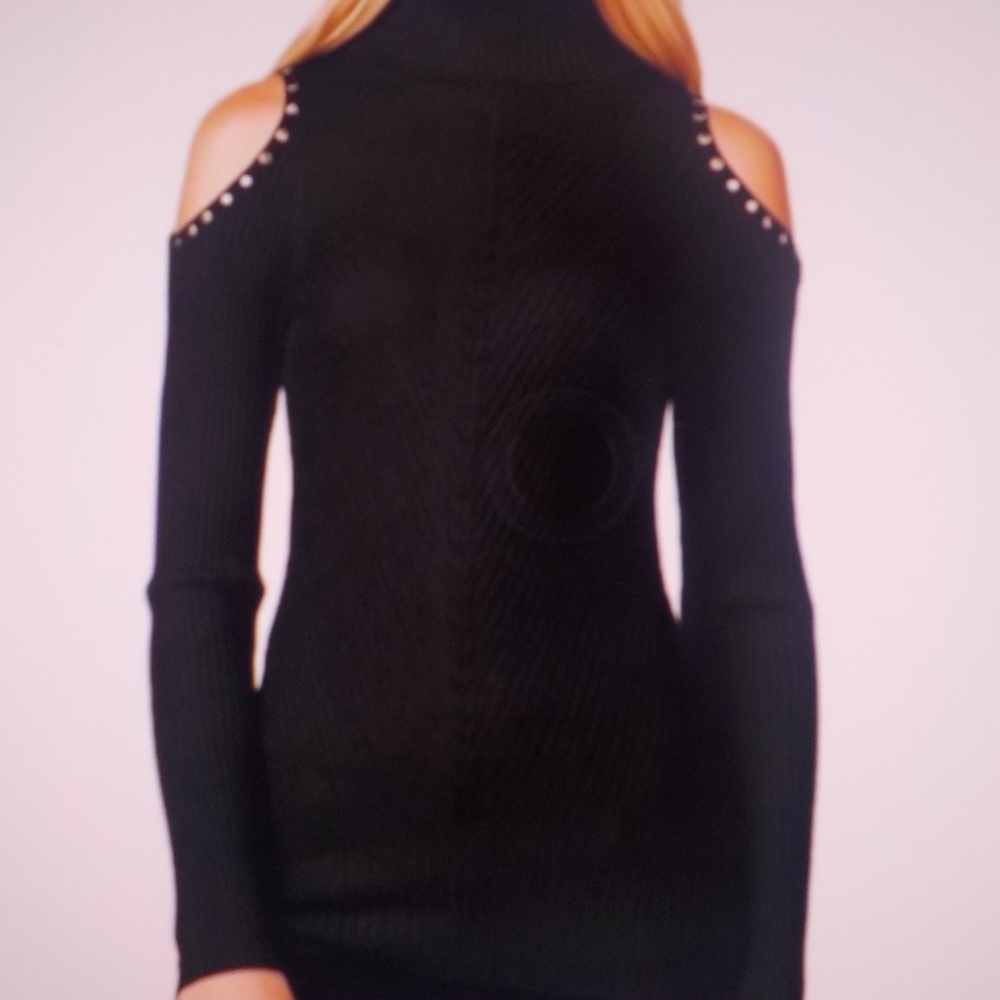 Long Tunic Sweater Gold Studs Cold Shoulder